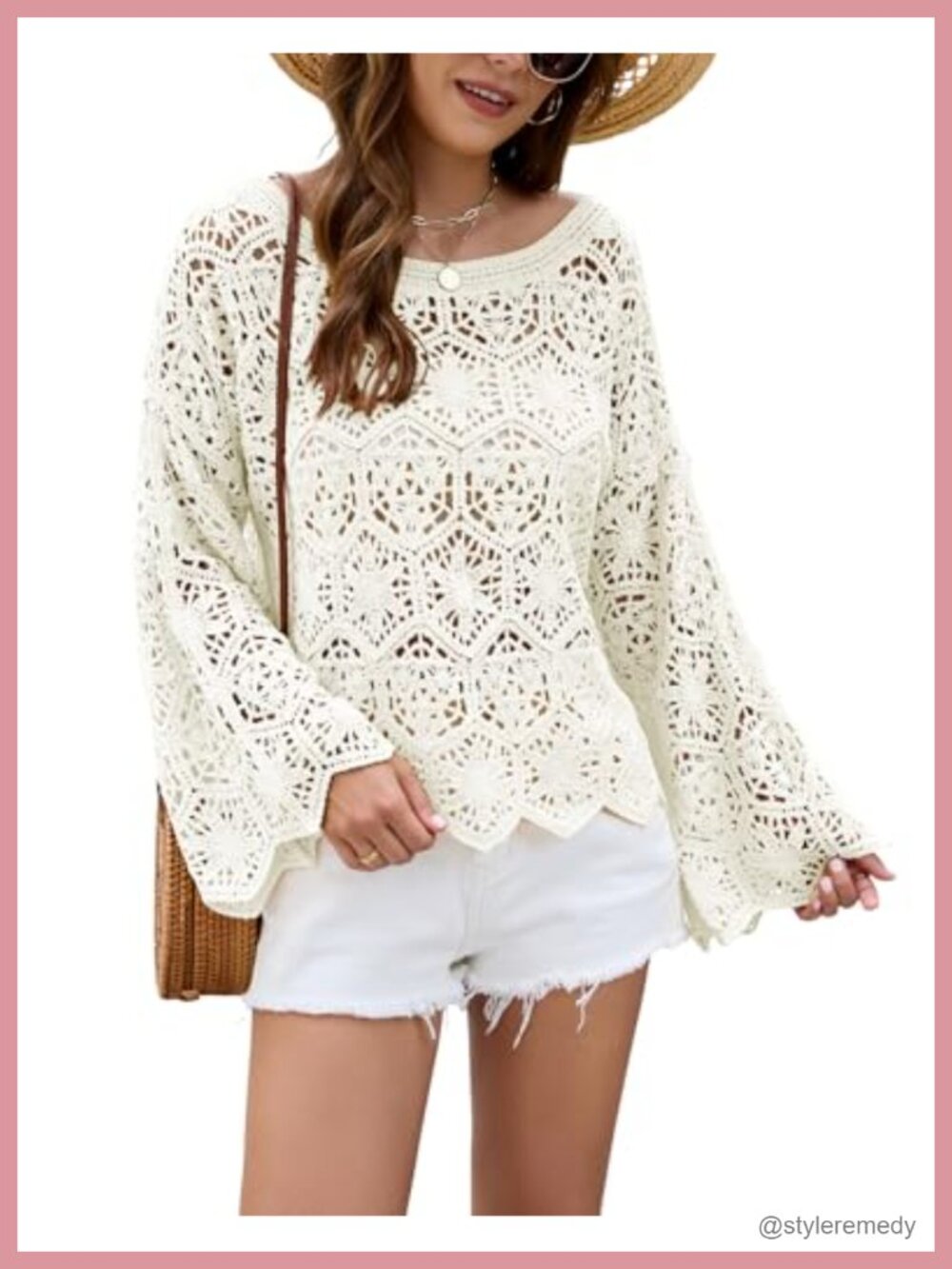Oversized Boat Neck Crochet Knit Sweater Pullover Bell Sleeve
